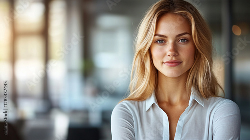 Wallpaper Mural A confident young woman with a slender physique poses with an open shirt, revealing cleavage, against a blurred modern business background, symbolizing empowerment, elegance, and bold self-expression Torontodigital.ca