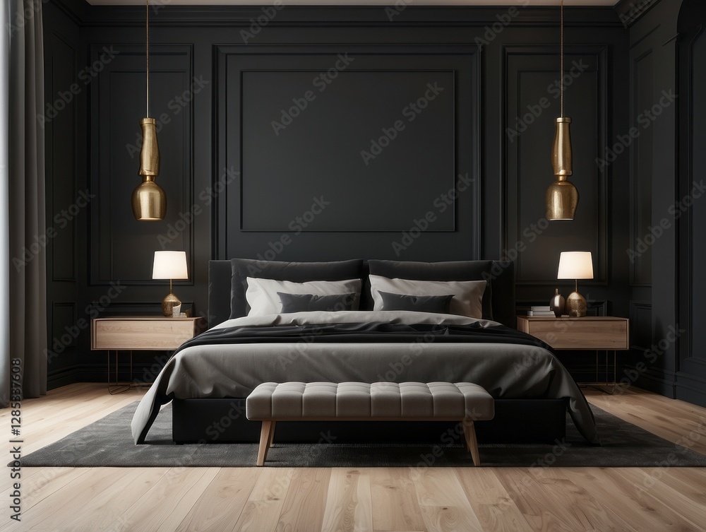 Fototapeta premium Luxurious bedroom features a dark color scheme with golden accents