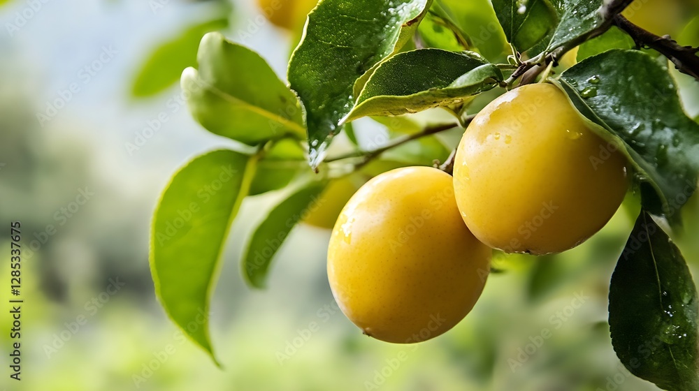 Fresh Ripe Lemons on Branch Surrounded by Green Leaves in Natural Lighting : Generative AI Fresh Ripe Lemons on Branch Surrounded by Green Leaves in Natural Lighting : Generative AI