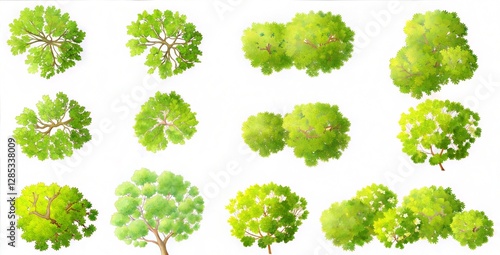trees collection flat illustration clean white background top view