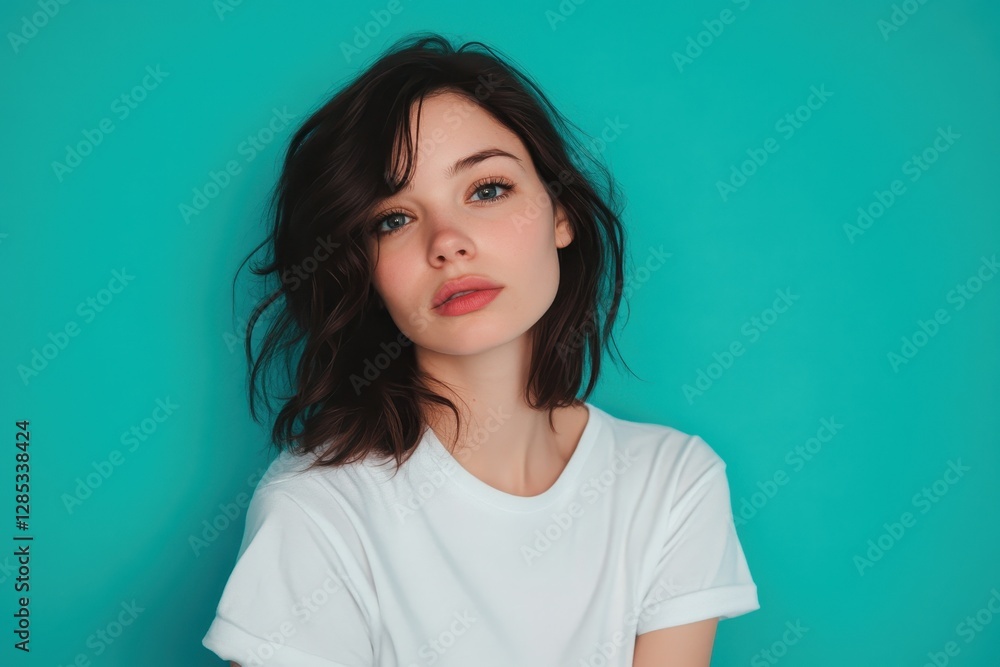 Fototapeta premium Intrigued brunette woman in casual t-shirt gazes thoughtfully at vibrant turquoise wall during daylight, Intrigued brunette woman in t-shirt looking at the camera over turquoise background