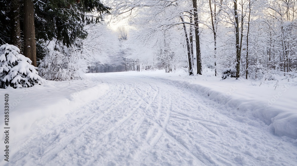 Scenic Snowy Pathway Surrounded by Trees in a Winter Wonderland Landscape : Generative AI Scenic Snowy Pathway Surrounded by Trees in a Winter Wonderland Landscape : Generative AI
