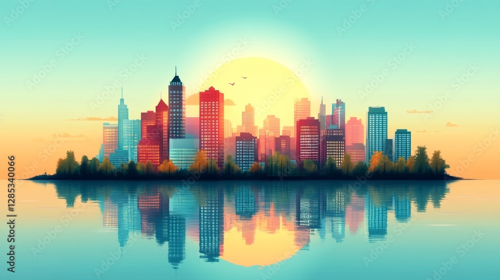 Obraz premium Serene Urban Landscape with Sunset Reflection in Vector Art Style