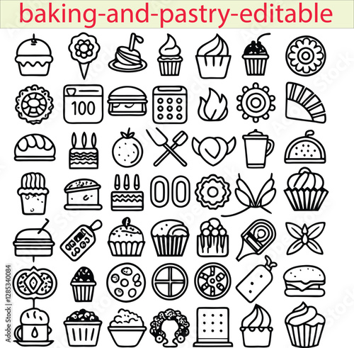 "Baking and Pastry Editable Set" icons represent various baking-related elements such as cakes, bread, rolling pins, whisks, cupcakes, and ovens. These editable icons are used for bakery branding, rec