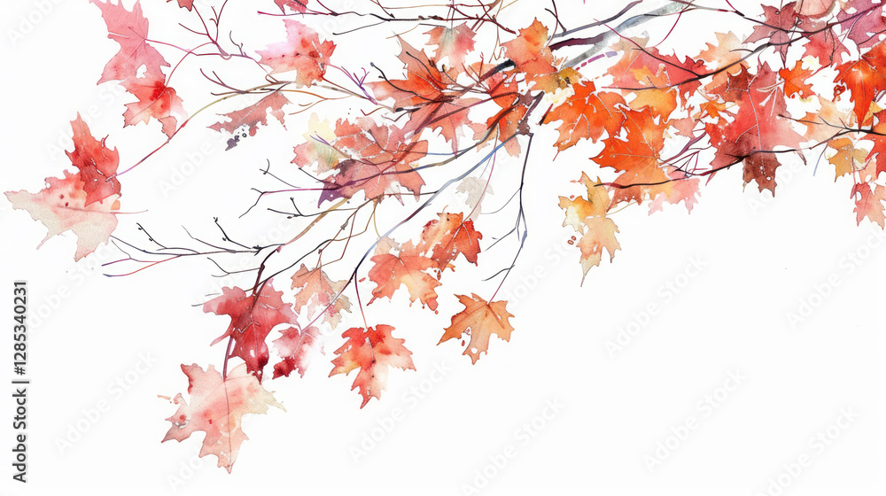 Hand-drawn watercolor-style autumn leaves on a white background depicting the autumn season with colorful maple and oak tree branches. Hand-drawn watercolor-style autumn leaves on a white background depicting the autumn season with colorful maple and oak tree branches.