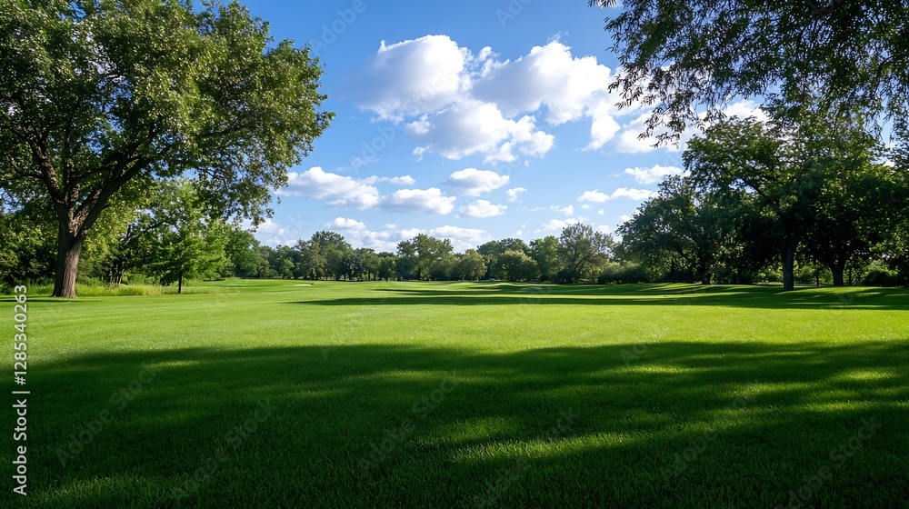 Vast green lawn under a bright blue sky with fluffy white clouds creating a serene landscape : Generative AI Vast green lawn under a bright blue sky with fluffy white clouds creating a serene landscape : Generative AI