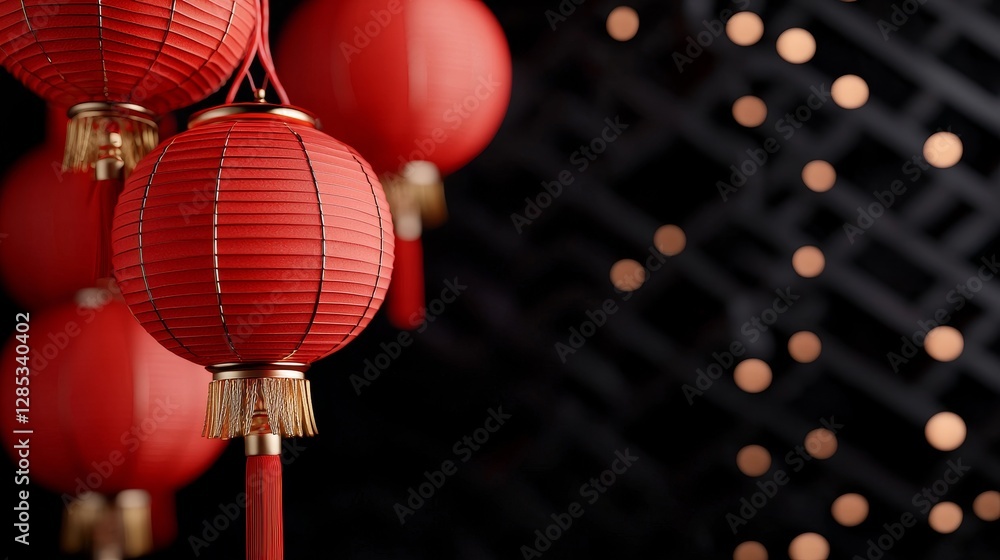 Obraz premium Glowing Red Festive Lanterns Illuminating Nighttime Cultural Celebration with Oriental Patterned Backdrop