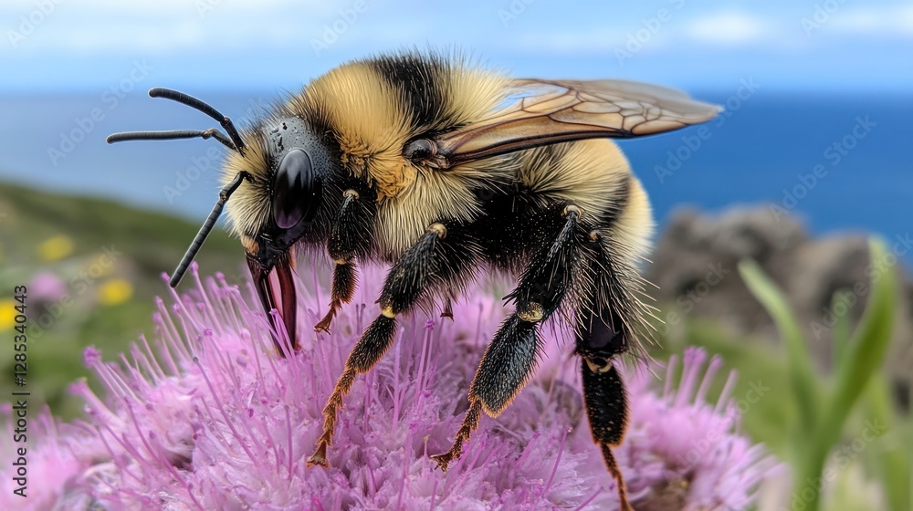 Close-up of a fuzzy bumblebee feeding on a vibrant purple flower against a blurred ocean backdrop. Close-up of a fuzzy bumblebee feeding on a vibrant purple flower against a blurred ocean backdrop.