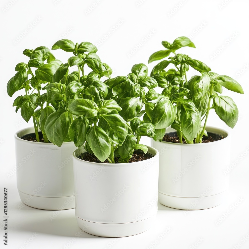 Naklejka premium Basil Plants in White Pots