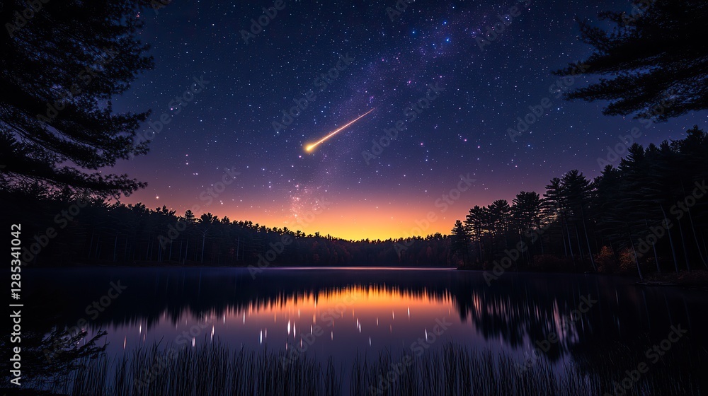 Naklejka premium A night sky over a lake with a shooting star and forest silhouette captures a fleeting moment of cosmic wonder
