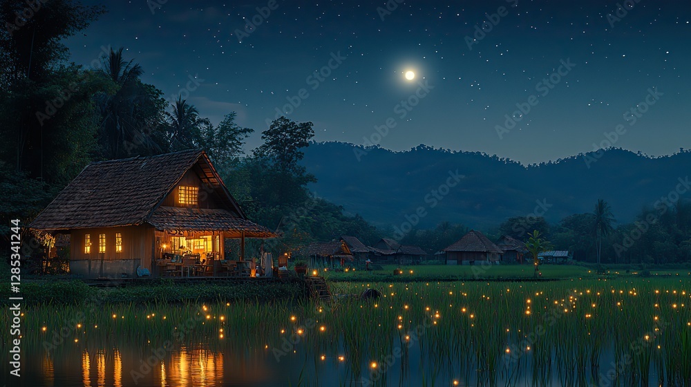 A night sky over rural houses and rice paddy fields illuminated by the soft glow of moonlight A night sky over rural houses and rice paddy fields illuminated by the soft glow of moonlight
