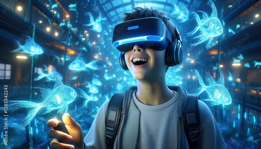 Excited Boy Exploring Virtual Reality – Futuristic Gaming Experience. Excited Boy Exploring Virtual Reality – Futuristic Gaming Experience.