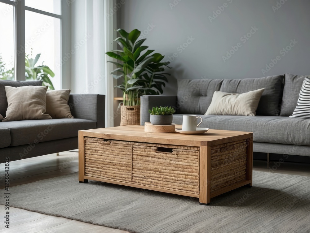 Obraz premium Cozy living room featuring a coffee table and gray sofas