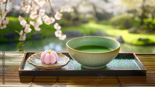 macha tea with sweets in the japanese garden photo