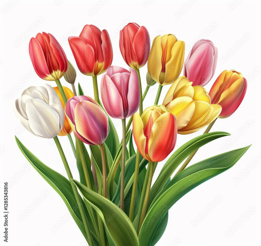 A bouquet of tulips in various colors against a white background, illustrated with simple lines, no shadows or highlights, appearing fresh and natural with bright colors and detailed depiction. A bouquet of tulips in various colors against a white background, illustrated with simple lines, no shadows or highlights, appearing fresh and natural with bright colors and detailed depiction.