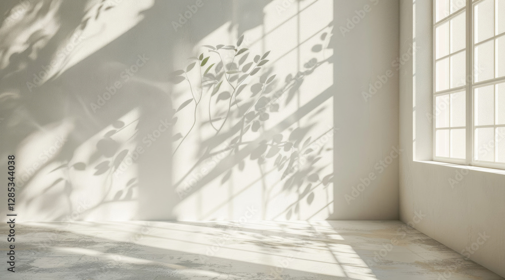 A white wall with a window casting intricate shadows on the floor, creating an abstract and minimalist background for product display or presentation. A white wall with a window casting intricate shadows on the floor, creating an abstract and minimalist background for product display or presentation.