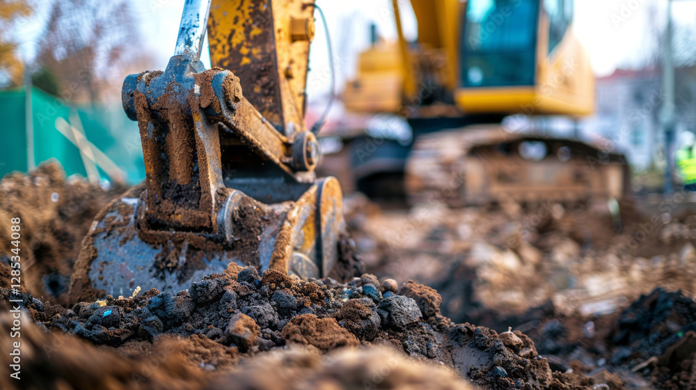 Fototapeta premium A close-up of an excavator in the background digging into dirt at a construction site, with a bokeh effect and shallow depth of field.