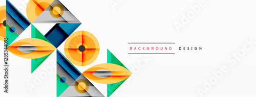 Geometric abstract composition with intersecting shapes, circles, triangles, and gradients, blending vibrant colors and dynamic contrasts to create a modern, futuristic visual design