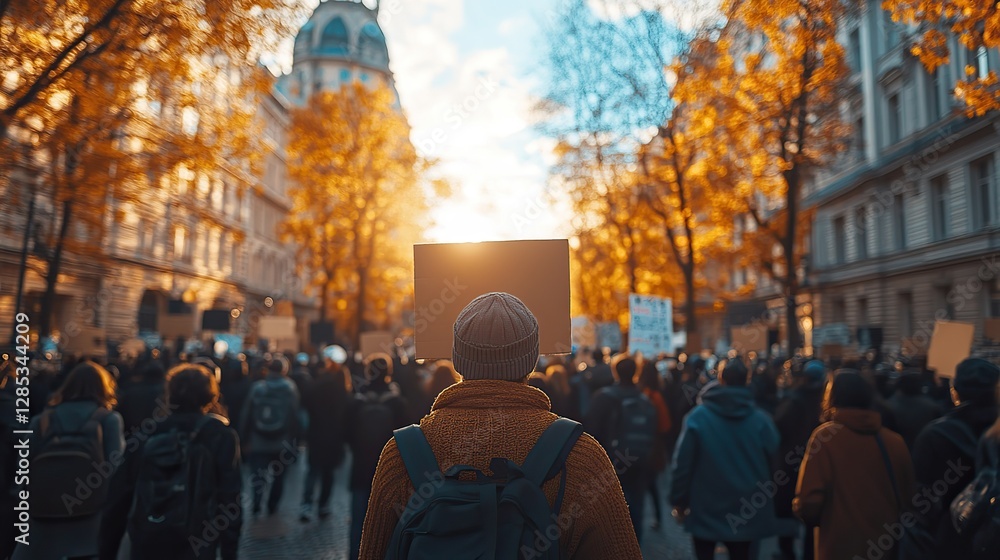 Obraz premium A peaceful demonstration takes place outdoors, with determined protestors holding signs and chanting slogans to advocate for human rights and equality