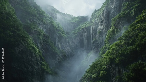 Misty Mountain Landscape with Lush Greenery Under a Cloudy Sky