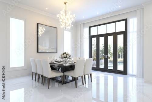 Modern and elegant dining room interior 3D render with stylish furniture and decor