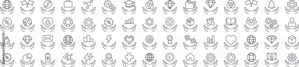 Fototapeta premium Time, Gem, Health etc over Open Hand Thin Line Icon Set. Outline Signs for Graphic and Web Design, Apps, Adverts, Various Cards