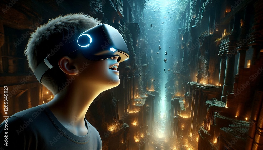 Excited Boy Exploring Virtual Reality – Futuristic Gaming Experience. Excited Boy Exploring Virtual Reality – Futuristic Gaming Experience.