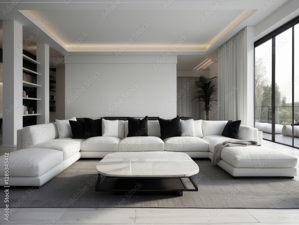 Bright modern living room features a large sectional sofa Bright modern living room features a large sectional sofa