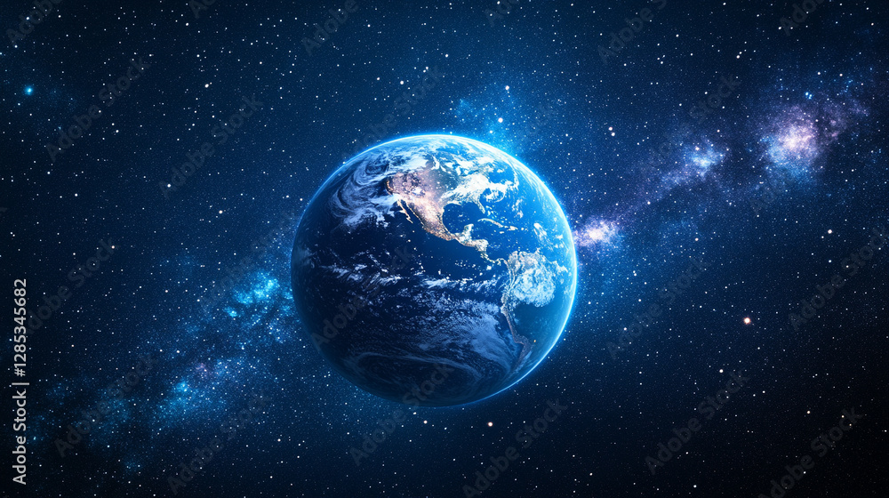 Obraz premium mesmerizing blue glow encircles planet Earth during an eclipse, set against the vast, starry dark space. The planet orbits a celestial body, creating a stunning cosmos display with bright, modern ligh
