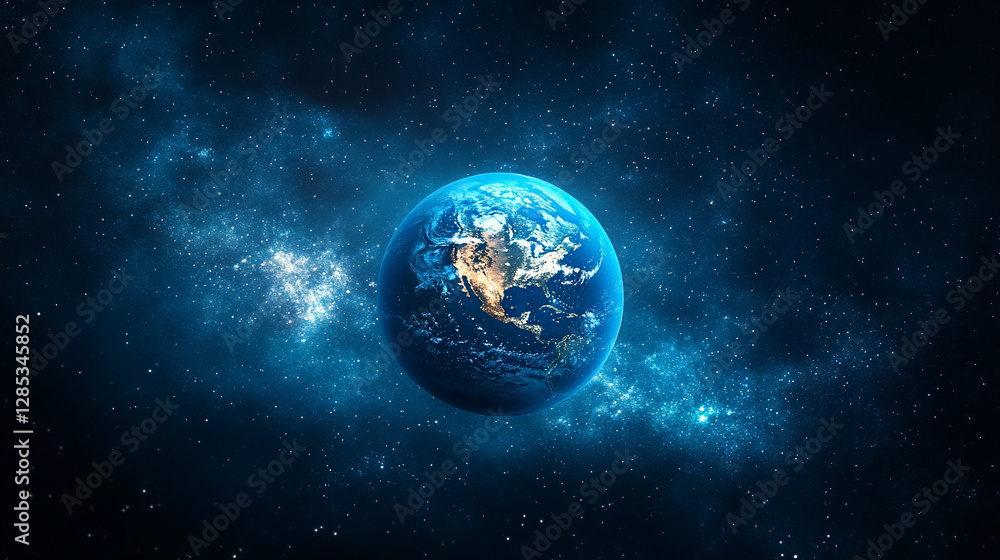 mesmerizing blue glow encircles planet Earth during an eclipse, set against the vast, starry dark space. The planet orbits a celestial body, creating a stunning cosmos display with bright, modern ligh mesmerizing blue glow encircles planet Earth during an eclipse, set against the vast, starry dark space. The planet orbits a celestial body, creating a stunning cosmos display with bright, modern ligh