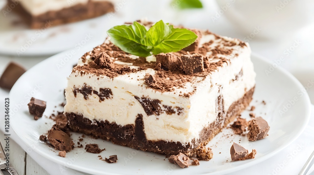 Delicious Chocolate Dessert Layer Cake Garnished with Mint Leaves and Cocoa : Generative AI Delicious Chocolate Dessert Layer Cake Garnished with Mint Leaves and Cocoa : Generative AI