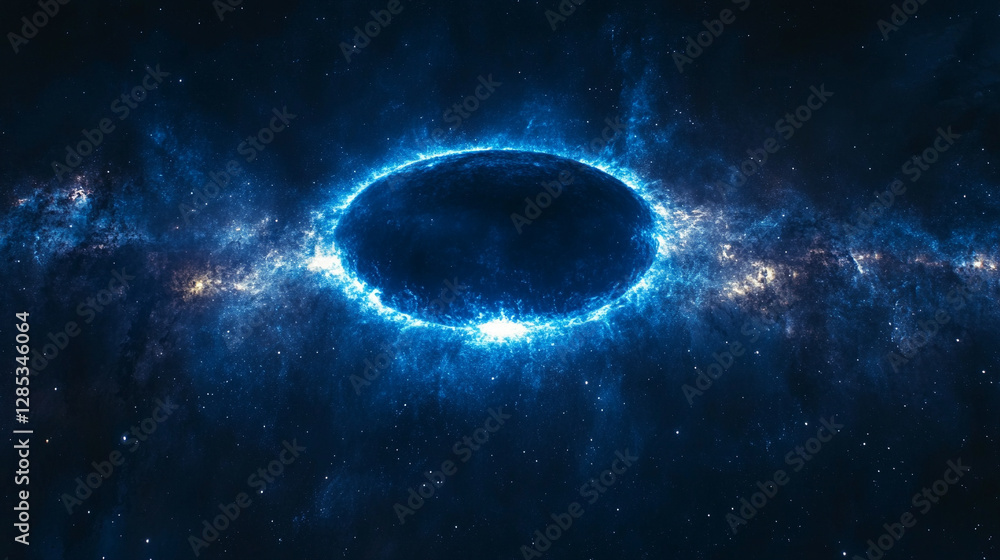Obraz premium mesmerizing blue glow encircles planet Earth during an eclipse, set against the vast, starry dark space. The planet orbits a celestial body, creating a stunning cosmos display with bright, modern ligh