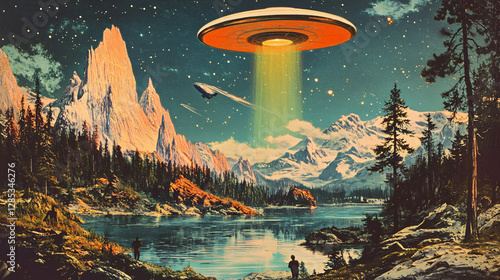 Fototapeta Naklejka Na Ścianę i Meble -  Retro sci-fi poster 1950s alien landscape futuristic world mysterious space exploration extraterrestrial civilization classic pulp fiction aesthetic vibrant colors,ai,robot,time,travel,comic,dreamy