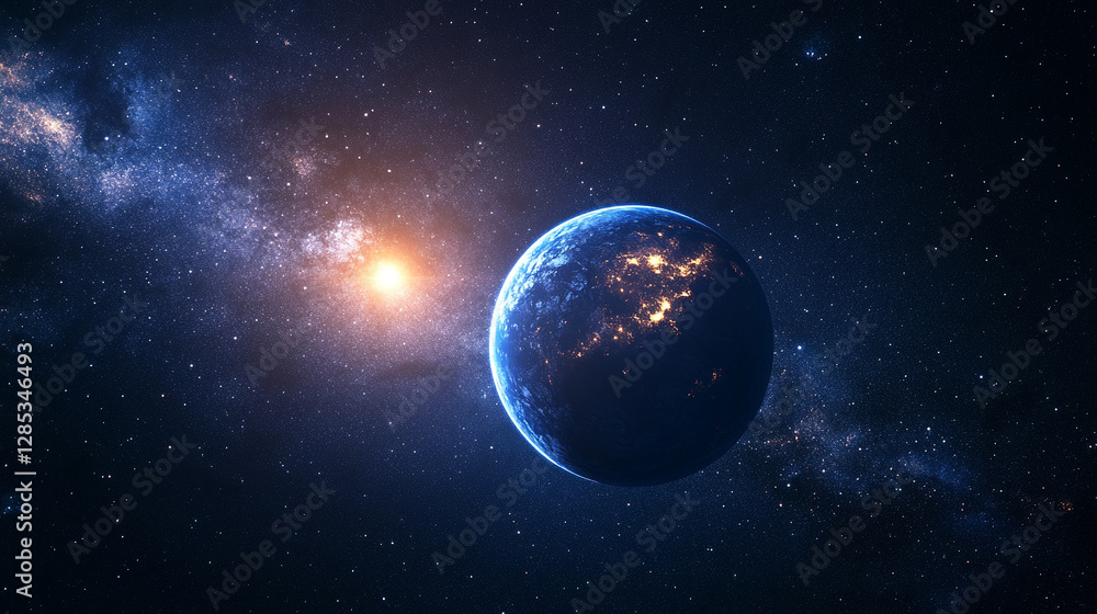 Obraz premium mesmerizing blue glow encircles planet Earth during an eclipse, set against the vast, starry dark space. The planet orbits a celestial body, creating a stunning cosmos display with bright, modern ligh