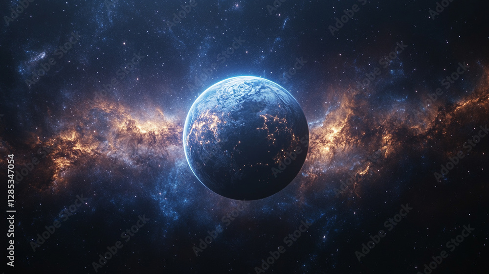 mesmerizing blue glow encircles planet Earth during an eclipse, set against the vast, starry dark space. The planet orbits a celestial body, creating a stunning cosmos display with bright, modern ligh mesmerizing blue glow encircles planet Earth during an eclipse, set against the vast, starry dark space. The planet orbits a celestial body, creating a stunning cosmos display with bright, modern ligh