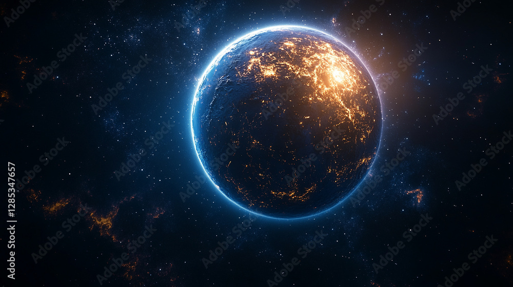 Obraz premium mesmerizing blue glow encircles planet Earth during an eclipse, set against the vast, starry dark space. The planet orbits a celestial body, creating a stunning cosmos display with bright, modern ligh