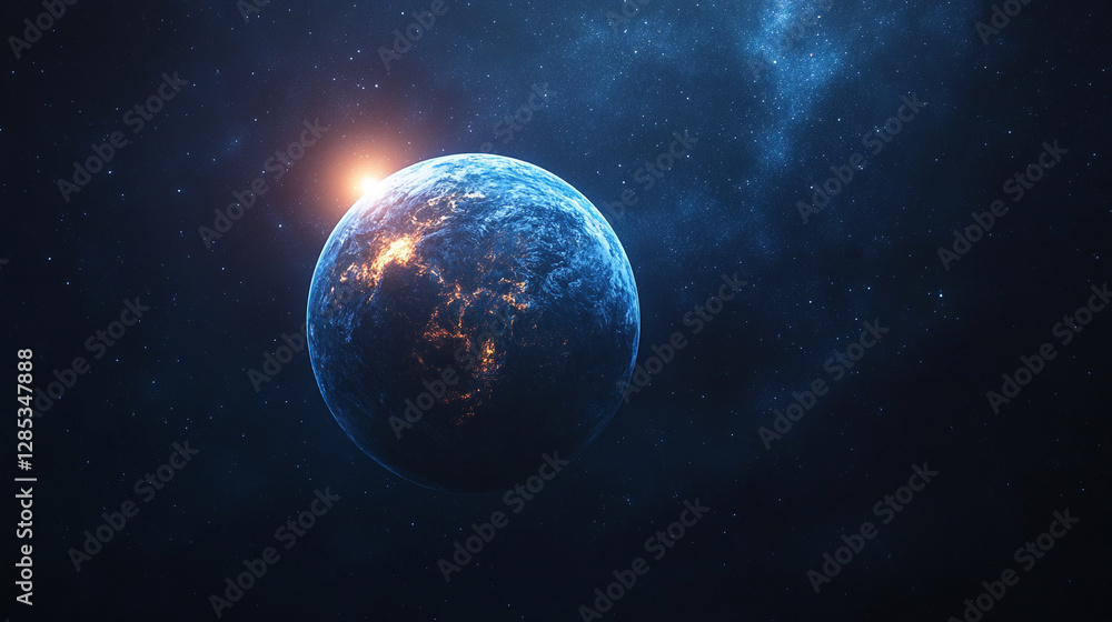 Fototapeta premium mesmerizing blue glow encircles planet Earth during an eclipse, set against the vast, starry dark space. The planet orbits a celestial body, creating a stunning cosmos display with bright, modern ligh