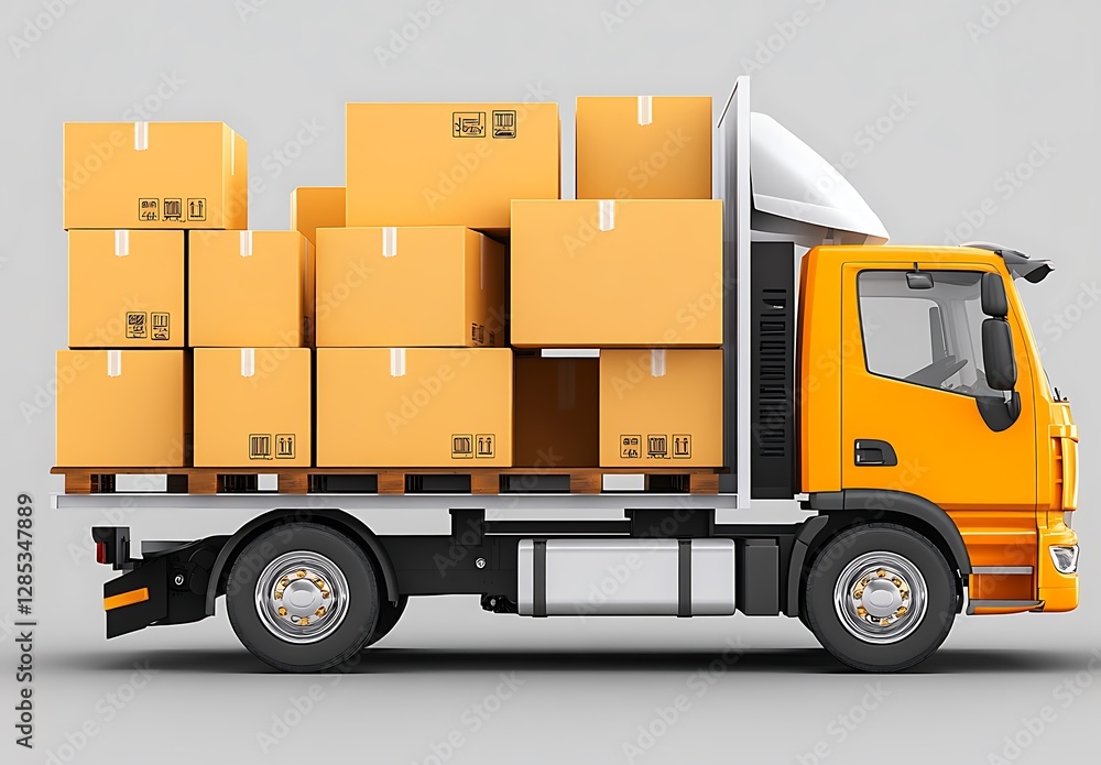 Delivery truck loaded with boxes urban setting cargo transport side perspective logistics Delivery truck loaded with boxes urban setting cargo transport side perspective logistics