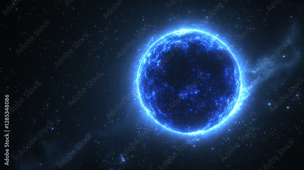 mesmerizing blue glow encircles planet Earth during an eclipse, set against the vast, starry dark space. The planet orbits a celestial body, creating a stunning cosmos display with bright, modern ligh mesmerizing blue glow encircles planet Earth during an eclipse, set against the vast, starry dark space. The planet orbits a celestial body, creating a stunning cosmos display with bright, modern ligh