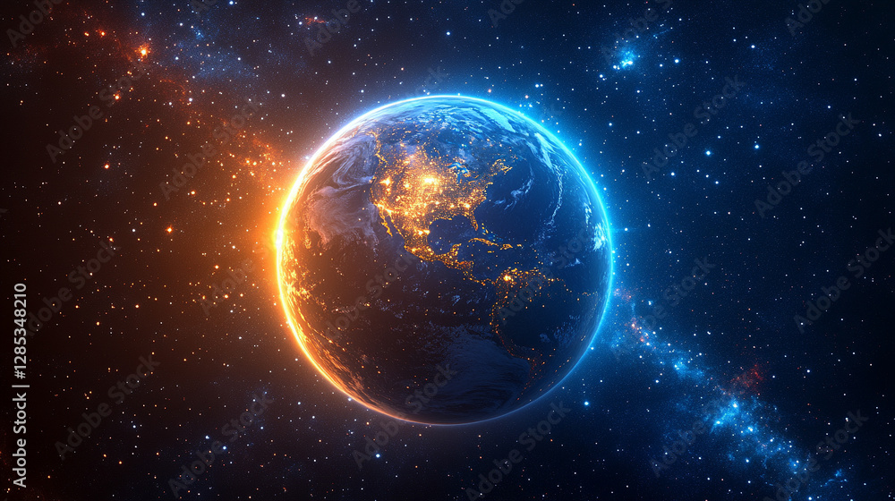 Fototapeta premium mesmerizing blue glow encircles planet Earth during an eclipse, set against the vast, starry dark space. The planet orbits a celestial body, creating a stunning cosmos display with bright, modern ligh