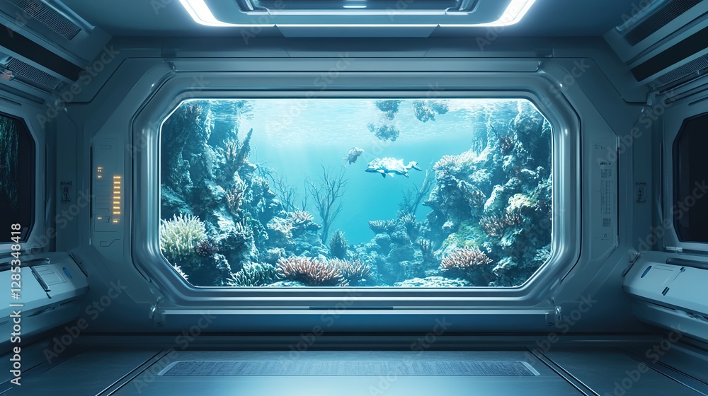 Futuristic Underwater Observatory: A glimpse into an aquatic paradise from a spaceship window, showcasing vibrant coral reefs and marine life. Futuristic Underwater Observatory: A glimpse into an aquatic paradise from a spaceship window, showcasing vibrant coral reefs and marine life.
