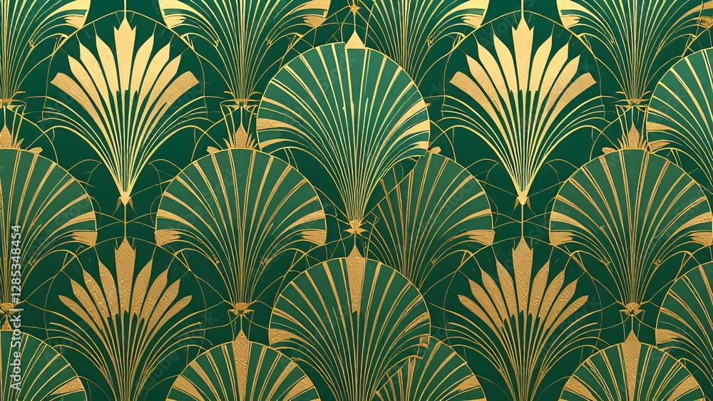 Elegant art deco seamless pattern with gold fan motifs on dark green background for luxury design Elegant art deco seamless pattern with gold fan motifs on dark green background for luxury design