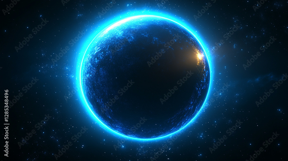 Fototapeta premium mesmerizing blue glow encircles planet Earth during an eclipse, set against the vast, starry dark space. The planet orbits a celestial body, creating a stunning cosmos display with bright, modern ligh