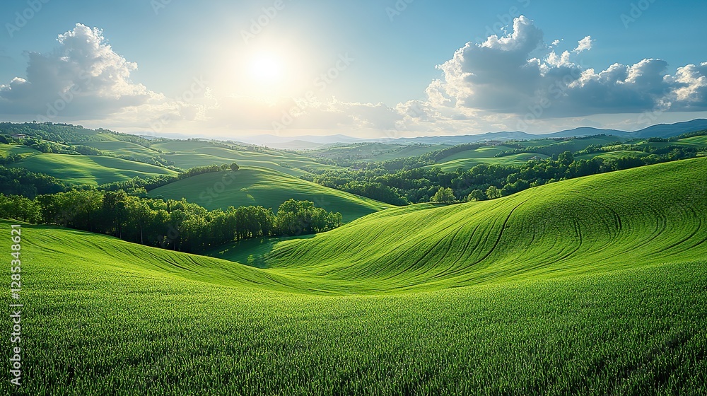 Fototapeta premium A picturesque countryside landscape with rolling hills, green fields, and a bright blue sky