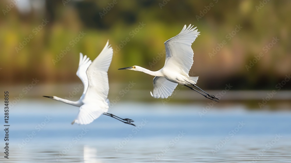 Graceful White Birds in Flight Over Calm Water Reflections at Sunrise : Generative AI Graceful White Birds in Flight Over Calm Water Reflections at Sunrise : Generative AI