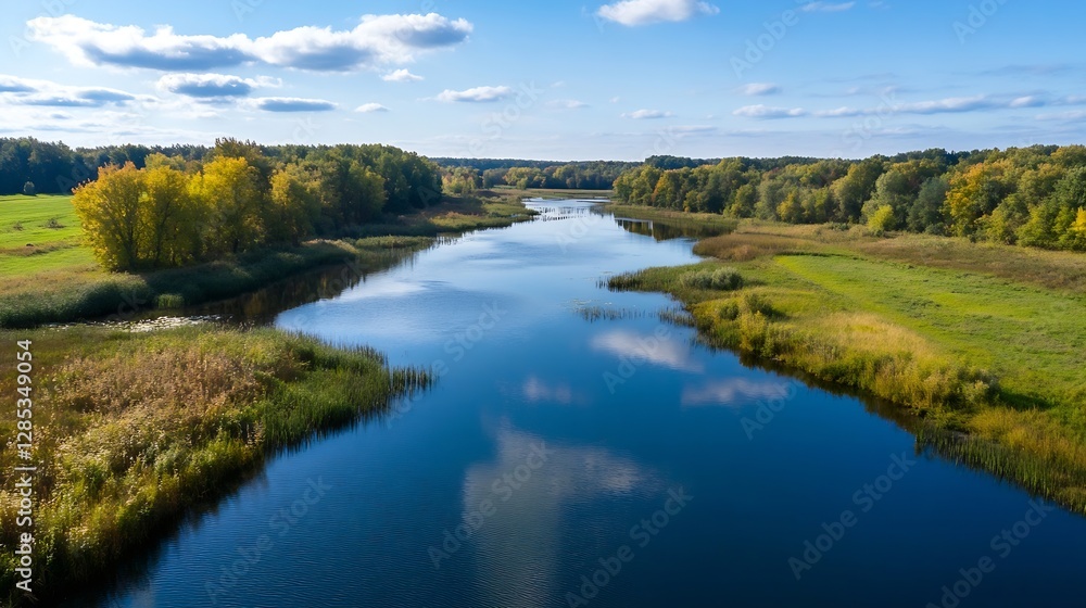 Stunning Aerial View of a Calm River Surrounded by Autumn Trees : Generative AI Stunning Aerial View of a Calm River Surrounded by Autumn Trees : Generative AI