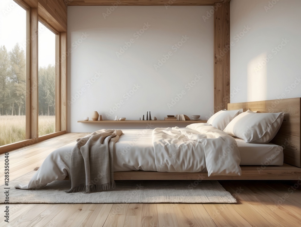 Fototapeta premium A minimalistic bedroom with natural light and wooden accents