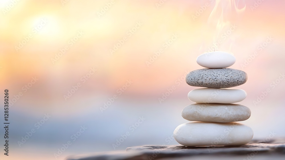 Obraz premium Zen Stones Stacked with Smoke in Soft Sunset Background : Generative AI