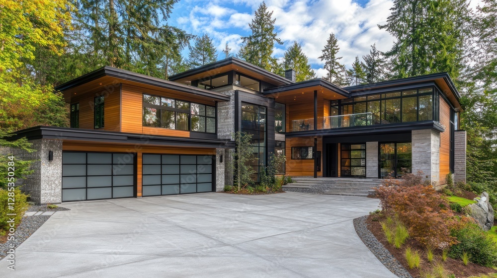 Modern luxury home with wood and stone exterior, large windows, two-car garage, and expansive driveway. Modern luxury home with wood and stone exterior, large windows, two-car garage, and expansive driveway.