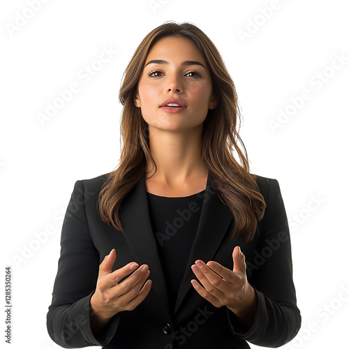 A Woman in a Black Suit Clapping Isolated on Transparent Background